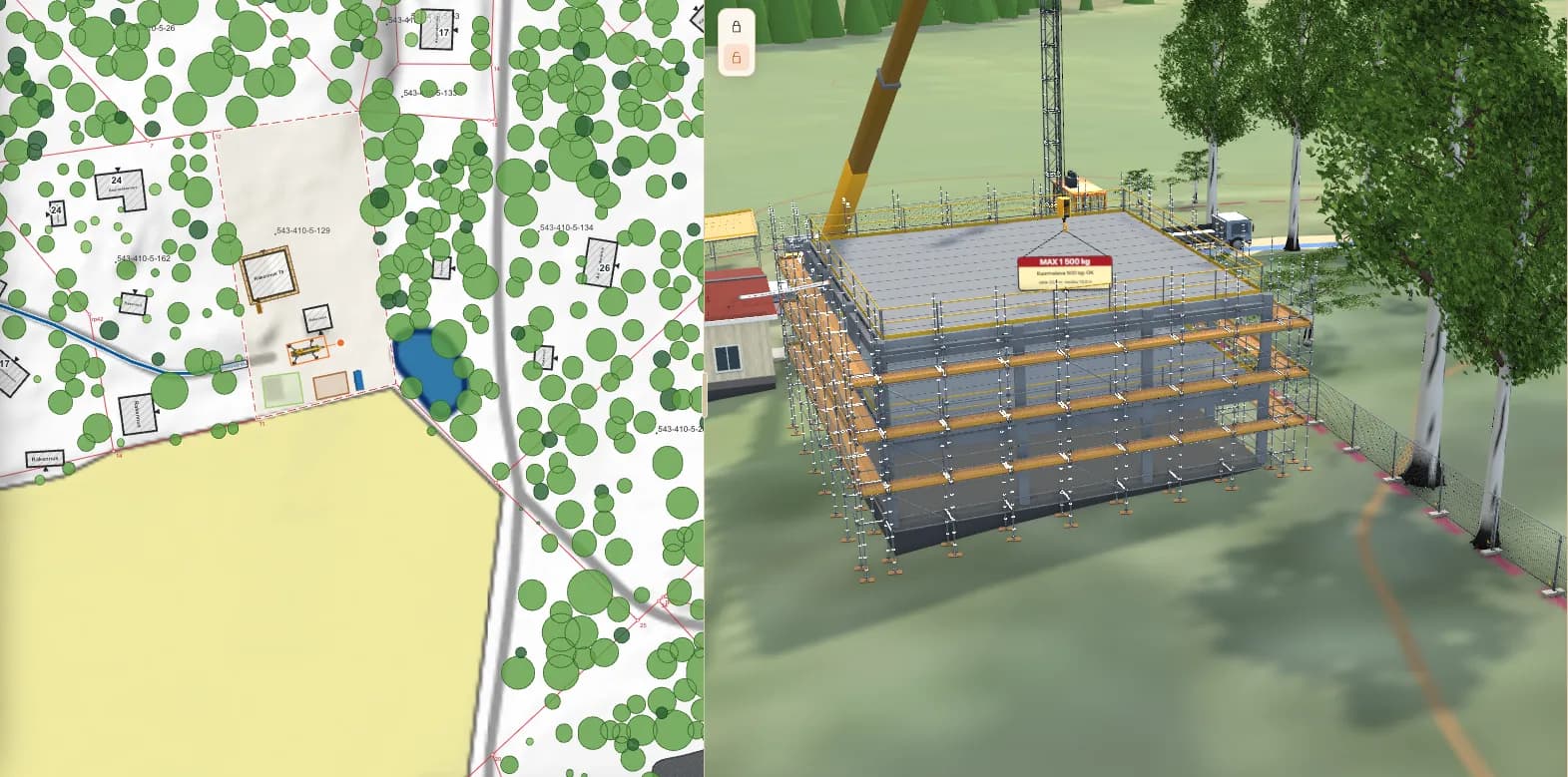 Rinnakkain 2D ja 3D: Maanmittauslaitoksen kartta kiinteistörajoineen ja sama työmaa 3D:nä, autonosturi nostaa telineiden ympäröimän rakennuksen katolle