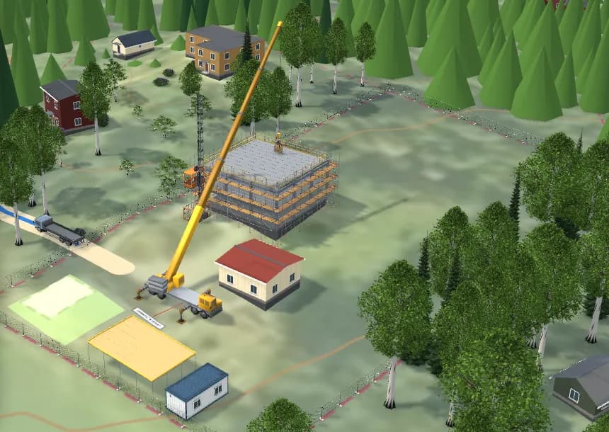 Nostotyösuunnitelma 3D:nä: autonosturi, telineillä ympäröity rakennus, työmaa-aita, varastoalueet ja työmaakoppi metsän keskellä