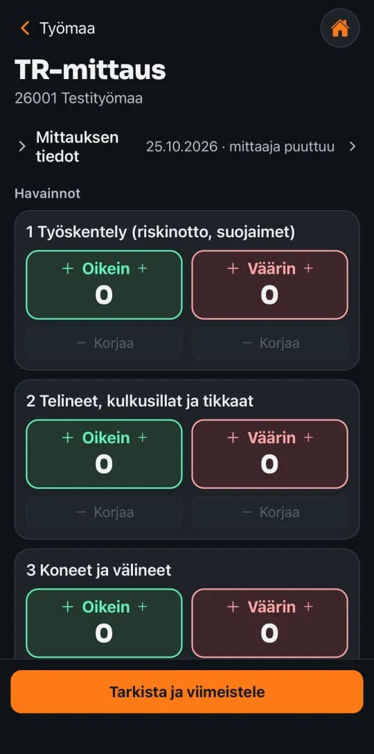 TR-mittauksen lomake puhelimessa: Oikein- ja Väärin-laskurit tarkastuskohteittain