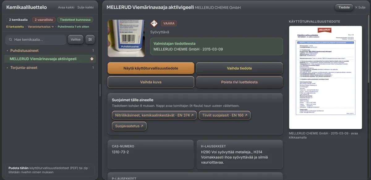 Sähköinen kemikaaliluettelo: tuotteen kuva, VAARA-merkintä, suojaimet ja käyttöturvallisuustiedote (KTT)