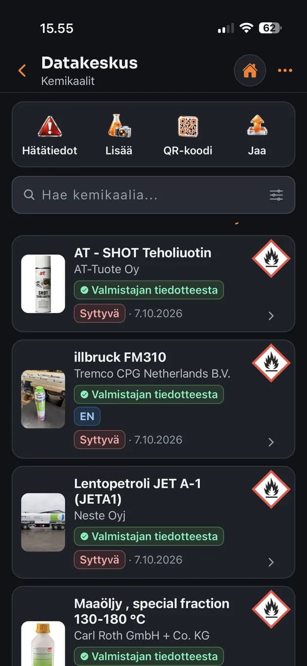 Kemikaaliluettelo puhelimessa vaaramerkkeineen