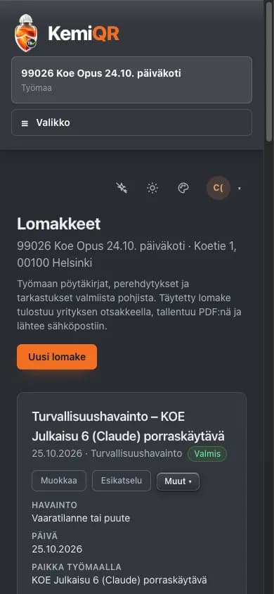 Työmaan lomakkeet puhelimessa: täytetty turvallisuushavainto